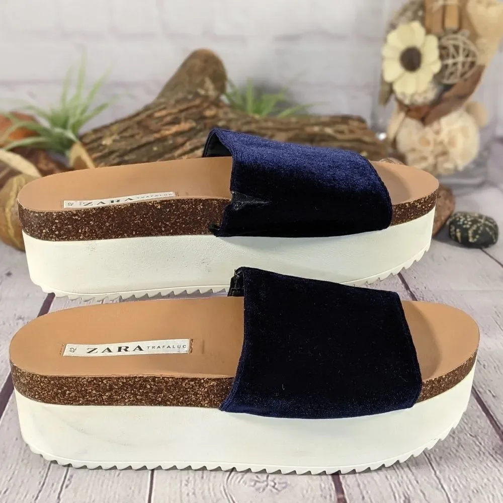Zara Trafaluc Blue Velvet Platform Slides Sandals